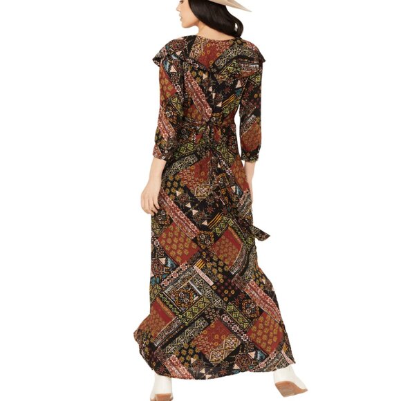 Free People sz M Women's Boho Patchwork Maxi Dress Long Sleeve Button Front 70s - Picture 4 of 16